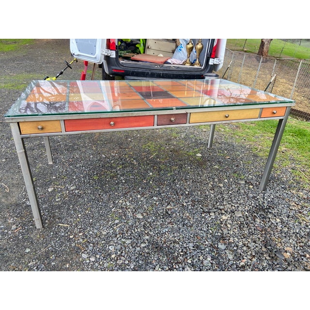 Contemporary Venezia Furniture Modern Brushed Steel Table Partners Desk With Wooden Squares Tiles and Glass Top For Sale - Image 3 of 12