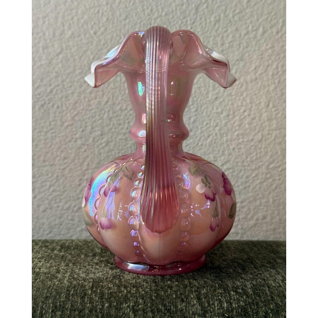 Art Nouveau Vintage Signed Fenton Pink Iridescent Hand-Painted Pansy Pitcher For Sale - Image 3 of 5