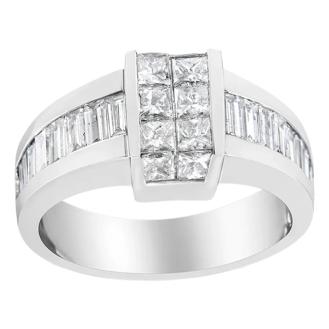 14K White Gold 2 3/4 Cttw Invisible-Set Princess and Channel-Set Baguette Diamond Step Up Cocktail R For Sale