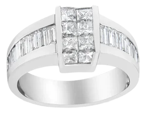 14K White Gold 2 3/4 Cttw Invisible-Set Princess and Channel-Set Baguette Diamond Step Up Cocktail R