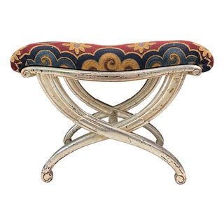 Italian Vintage Water-Gilded Silver Wood Stool For Sale
