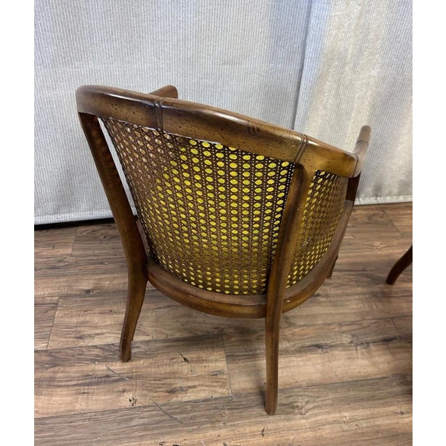 Pair Vintage Mid Century Bamboo Cane Barrel Chairs W Yellow Green Blocked Fabric For Sale - Image 4 of 4