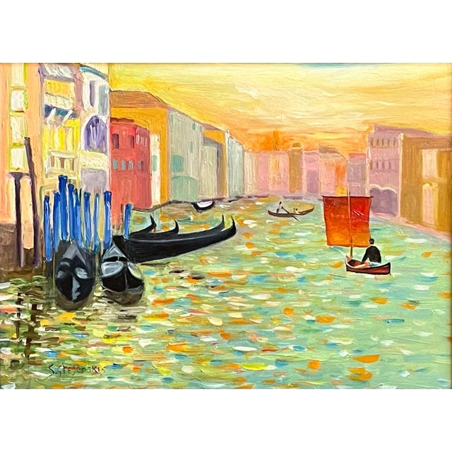 Oil painting on hardboard of a Venice Canal scene with a gentleman in a makeshift sail boat having been misdirected into...