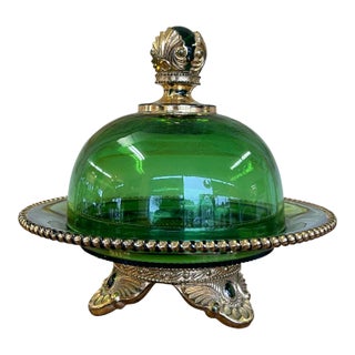 Vintage Green Glass Covered Candy Dish With Pedestal Base and Brass-Toned Mount For Sale