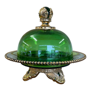Vintage Green Glass Covered Candy Dish With Pedestal Base and Brass-Toned Mount