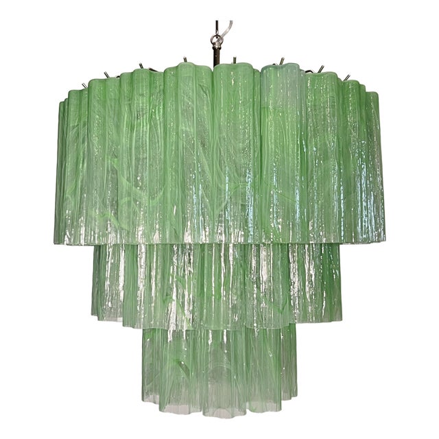 Large Three-Tier Murano 52 Green Alabaster Glass Tubes Chandelier, 1990 For Sale