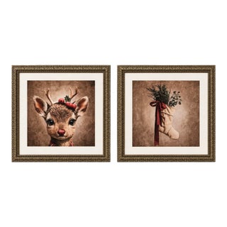 Pair of 28” Square Christmas Canvas Canvas Prints in Heavy Carved Gilt Wood Frames For Sale