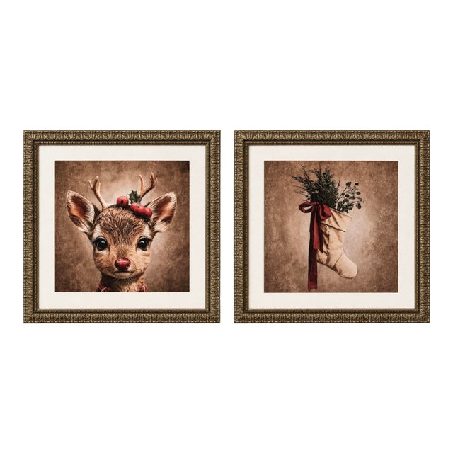 Pair of 28” Square Christmas Canvas Canvas Prints in Heavy Carved Gilt Wood Frames For Sale