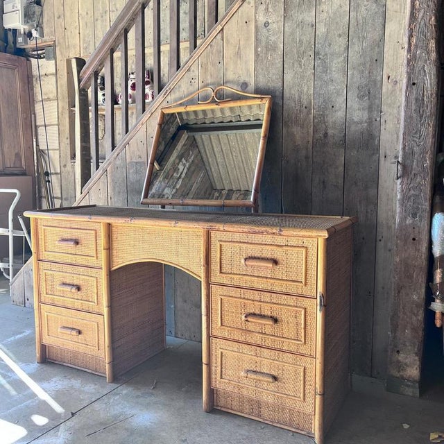 2000 - 2009 Cane and Bamboo Dressing Table with Tilting Mirror For Sale - Image 5 of 8