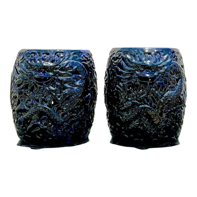 Vintage Boho Glazed Ceramic Dragon Stools - a Pair For Sale
