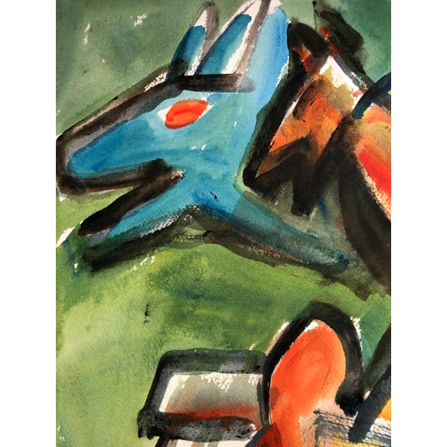 Abstract Original Vintage Abstract Expressionist Modernist Watercolor Painting Hores & Jockey Double Sided Signed 1970’s For Sale - Image 3 of 6