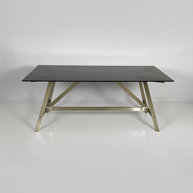 Italian modern dining table in smoked glass and steel by Formanova, 1970s Dining table or desk with a rectangular smoked...