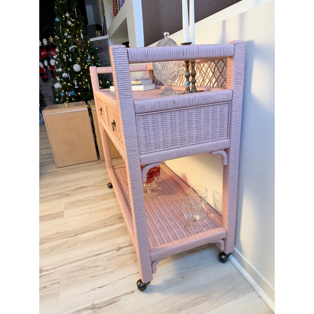 Vintage Henry Link Wicker Bar Cart / Side Table - Two Drawers & Casters For Sale - Image 9 of 12