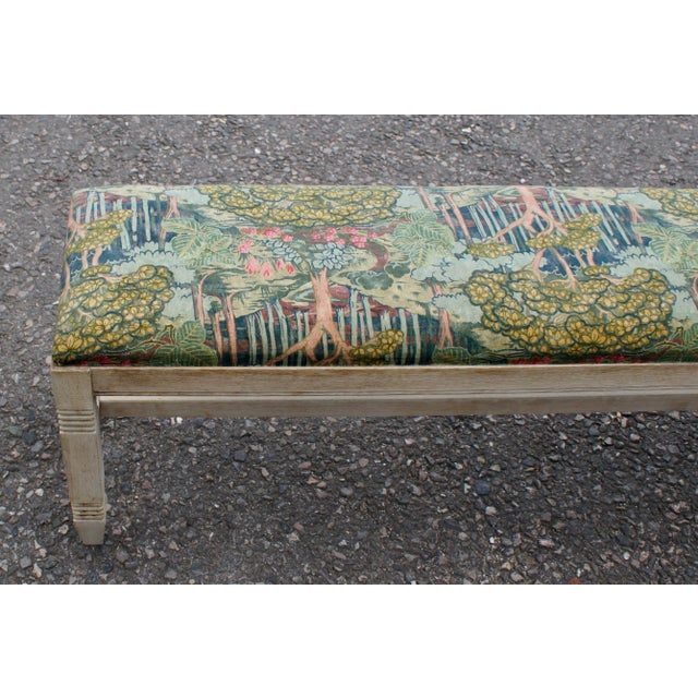 A superb extra long bleached oak school bench. Made from oak, recovered with a beautiful ruskin velvet fabric, with a...