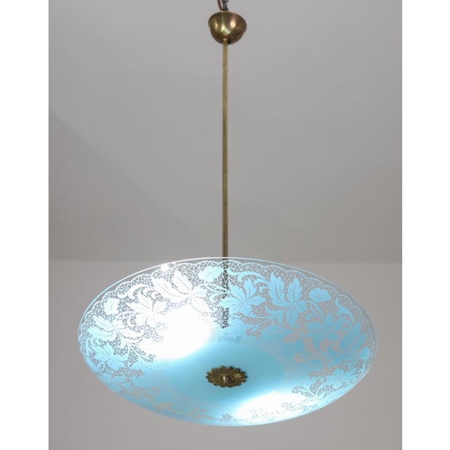 Italian Vintage Italian Floral Glass and Brass Pendant Chandelier, Mid-Century, 2 Lights For Sale - Image 3 of 15