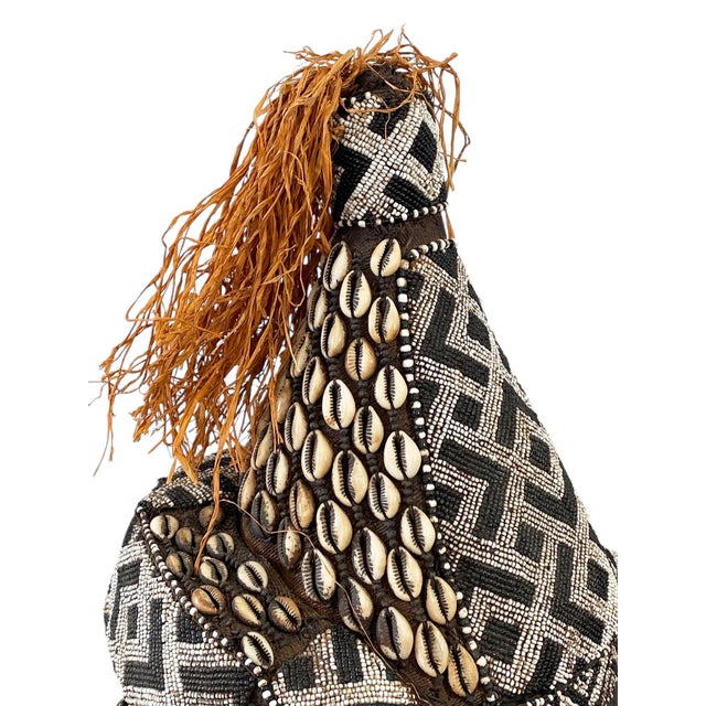 Brown Vintage Large African Tribal Beaded Kuba Royal Head Mask/Helmet Congo 22" H For Sale - Image 8 of 13