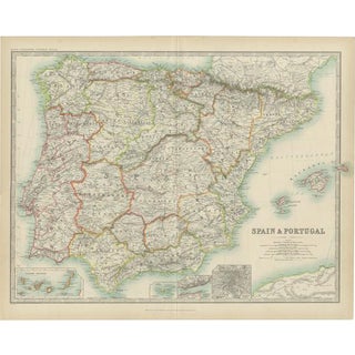 Antique Map of Spain and Portugal by Johnston, 1909 For Sale