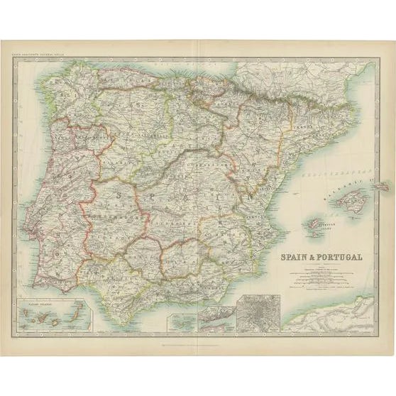 Antique Map of Spain and Portugal by Johnston, 1909 For Sale