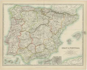 Antique Map of Spain and Portugal by Johnston, 1909