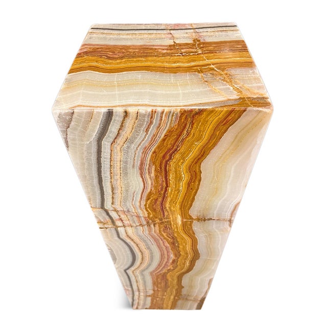 Unique and modern onyx pedestal floor lamp with golden orange tones. Simple 40 inch tall rectangular cube design. Emits a...