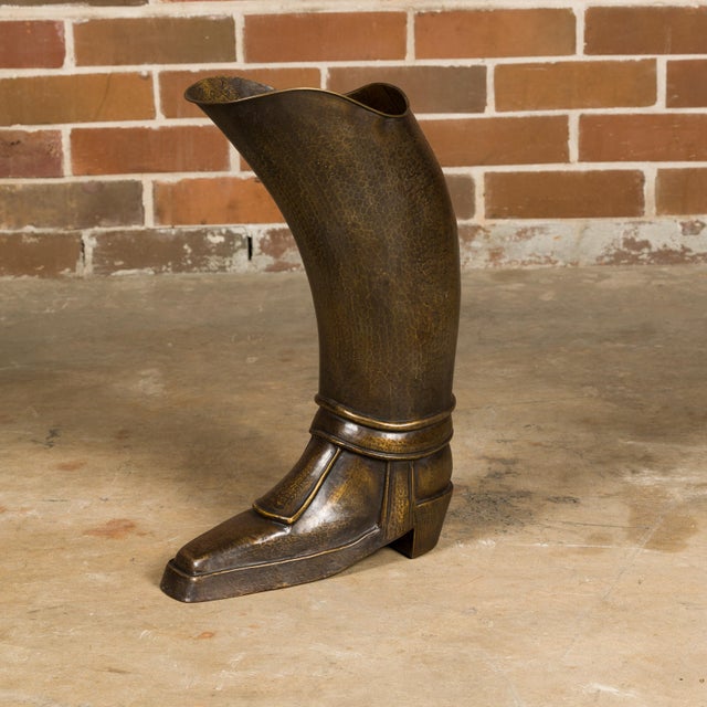 English 1920s Hand-Hammered Copper and Brass Musketeer Boot Umbrella Stand For Sale - Image 10 of 12