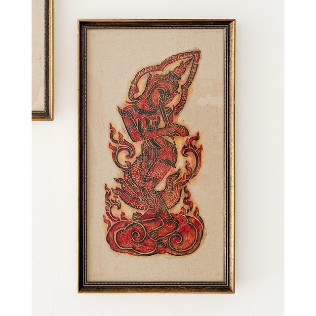 Chinoiserie Pair of Red Framed Thai Rubbing-Style Wall Art For Sale - Image 3 of 4
