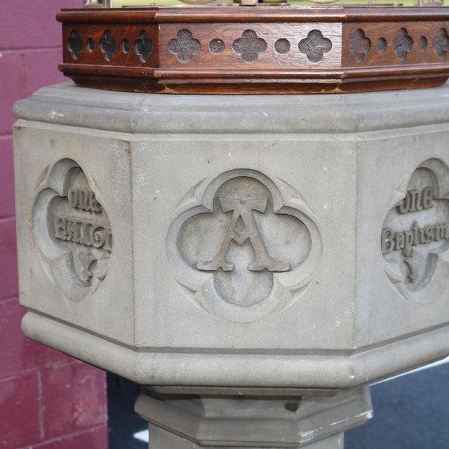 Antique Gothic Hardstone, Brass, Oak & Wrought Iron Baptismal With Boom 19thC For Sale - Image 11 of 17