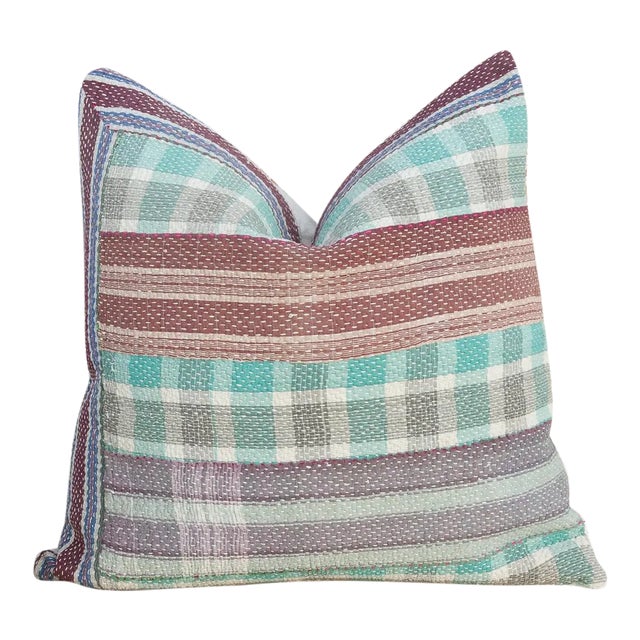 Bengal kantha pillow featuring a colorful design and running stitch all crafted using vintage fabrics. Hidden zipper...