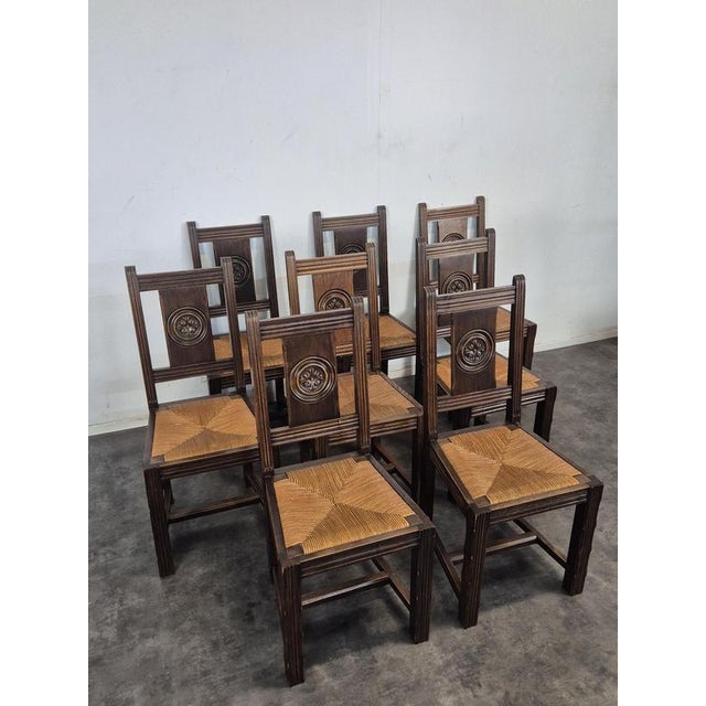 Brown Straw-Seated Chairs with a Backrest Carved with a Rosette, 1920s, Set of 8 For Sale - Image 8 of 9
