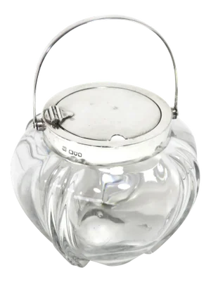 Unusual Antique English Sterling Silver & Art Glass Swing Handle Mechanical Lid Jam Jar Circa 1900