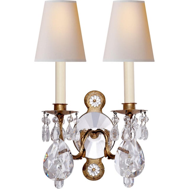 Yves Crystal Double Arm Sconce in Gilded Iron and Crystal with Natural Percale Shades Designer: Thomas O'Brien Height: 19"...