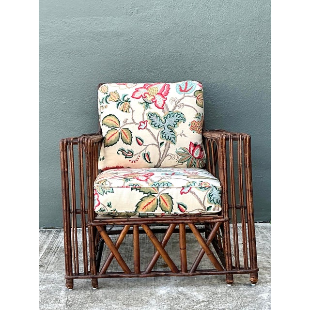 Wood Vintage Stick Rattan Lounge Chair in Vintage Schumacher Paisley For Sale - Image 7 of 12