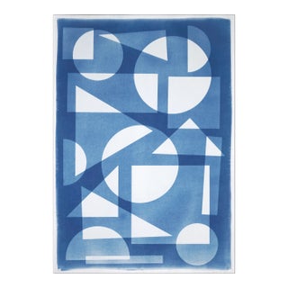 2022 "Art Deco Geometry I" Handmade Unique Cyanotype Monotype on Watercolor Paper by Kind of Cyan For Sale