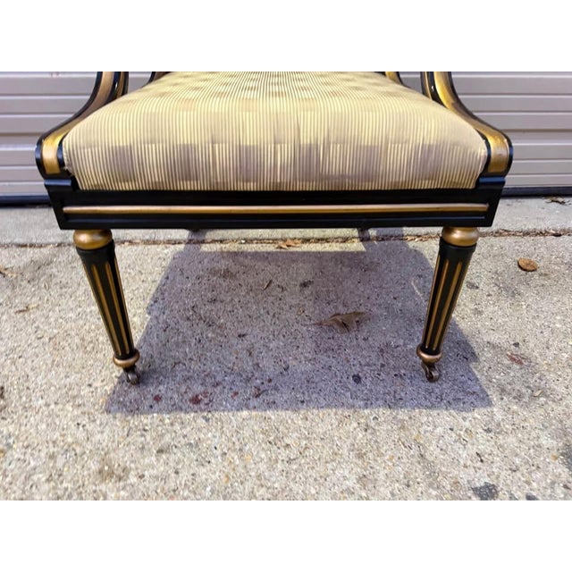 Black Late 20th Century Baker Furniture Pair of Vintage Hollywood Regency Style Saber Leg Ebonized Parcel Gilt Trim Open Armchairs For Sale - Image 8 of 11