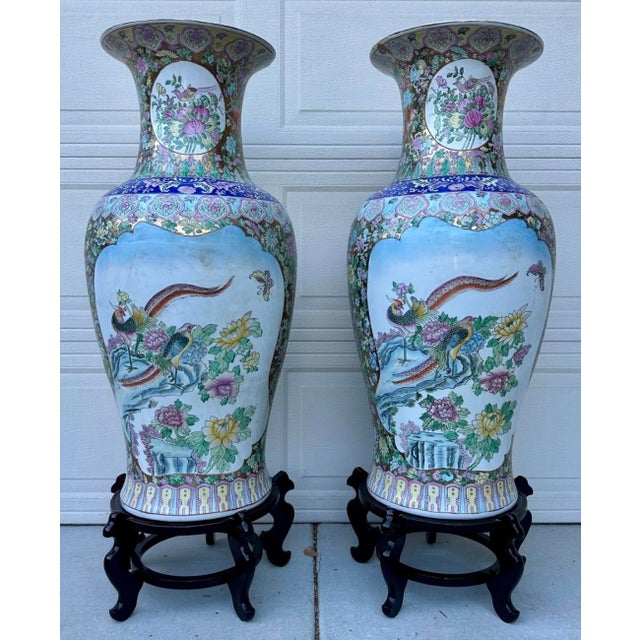 Monumental Pair of Chinese Famille Rose Canton Gold Gilt Palace Vases From a Distinguished Rancho Santa Fe Estate A rare...