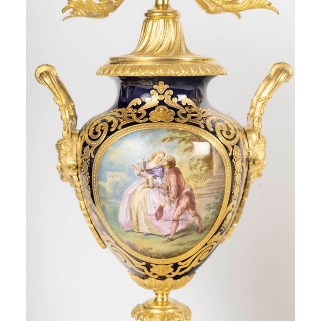 Sèvres Porcelain Mantel Set in Gilded Bronze, 1800s, Set of 3 For Sale - Image 3 of 16