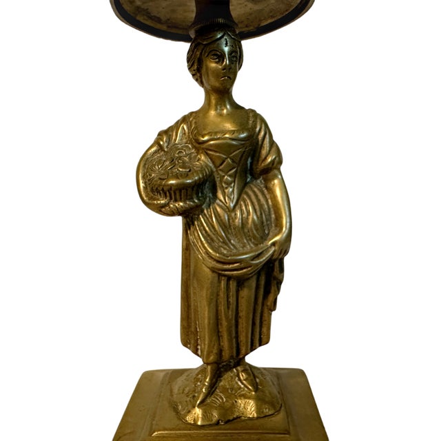 Antique 19th Century Regency Bronze Figural Lady W/Basket Candlestick Holder For Sale - Image 4 of 6