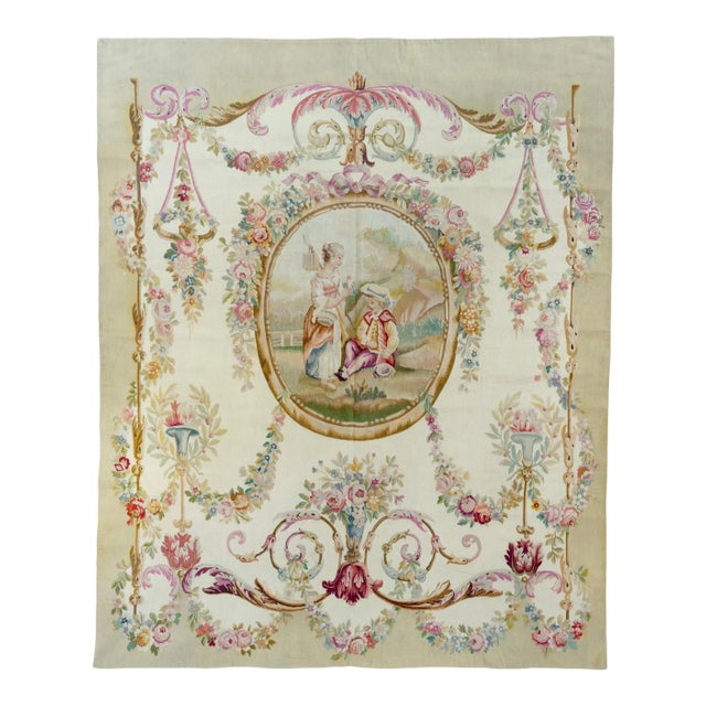 Antique 19th Century Ivory Floral French Aubusson Tapestry For Sale