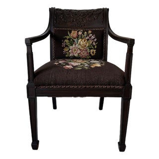 Antique French Neoclassical Carved Mahogany Armchair With Floral Needlepoint Upholstery For Sale