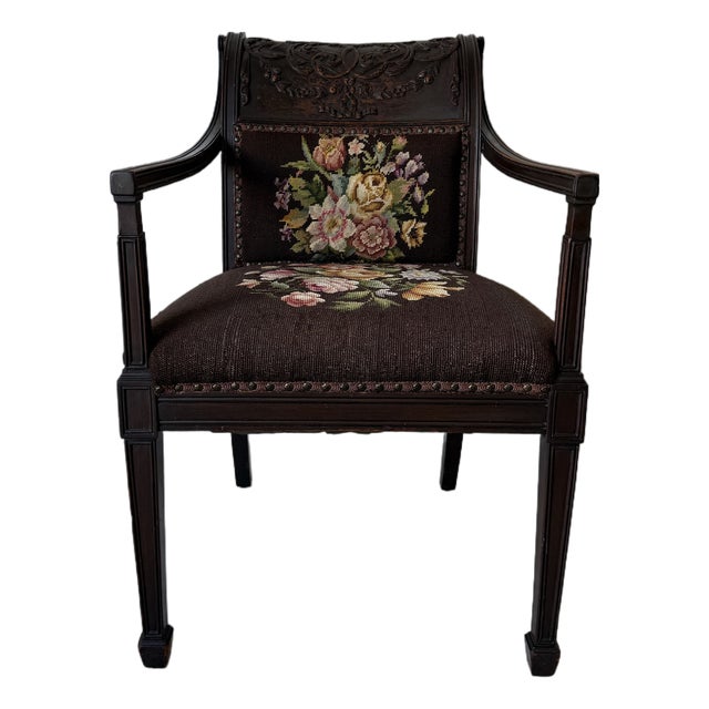 Antique French Neoclassical Carved Mahogany Armchair With Floral Needlepoint Upholstery For Sale
