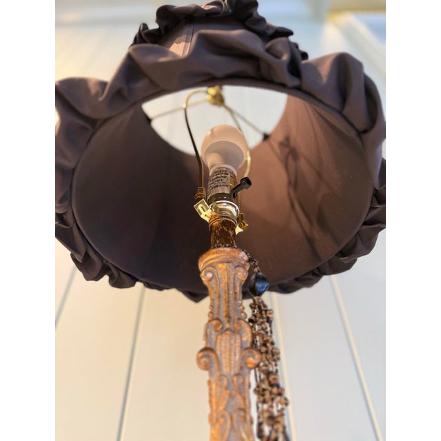 Gold Vintage Carved Table Lamp With Decorative Beaded Detail & Shade For Sale - Image 8 of 12