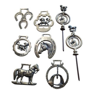 Eight Piece Collection Antique Brass Horse Medallions For Sale