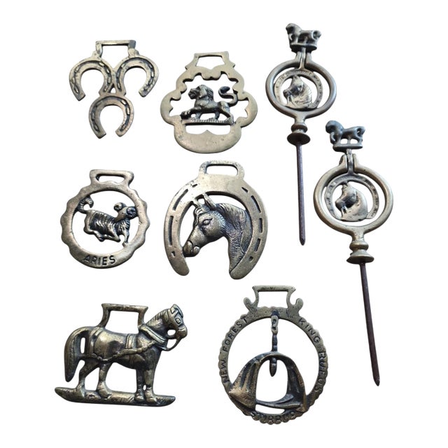 Eight Piece Collection Antique Brass Horse Medallions For Sale