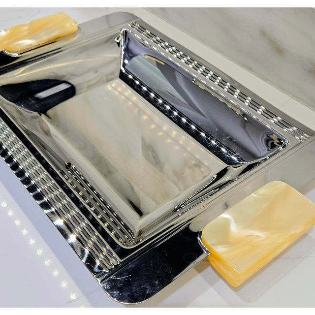 1980s Vintage French Couzon 18/10 Stainless Steel Bar Tray With Resin Handles – Art Deco Cocktail Serving Platter For Sale - Image 5 of 9
