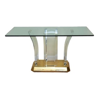 Vintage Karl Springer Gold Plated Over Brass and Arched Lucite and Glass Console Table For Sale