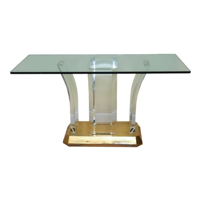 Vintage Karl Springer Gold Plated Over Brass and Arched Lucite and Glass Console Table For Sale