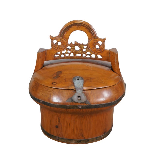 Antique Chinese Qing Dynasty Elm Carved Container or Basket. Marked as a Tea Caddy, but also could have been used as a...