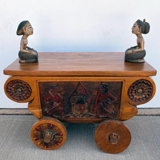 Indonesian Folk Art Painted Teak Figural Wheeled Cart Chairish