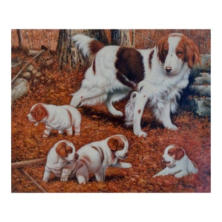 Mid-20th Century Signed T. Parker - Dog With Puppies in Autumn Landscape, Oil on Canvas For Sale