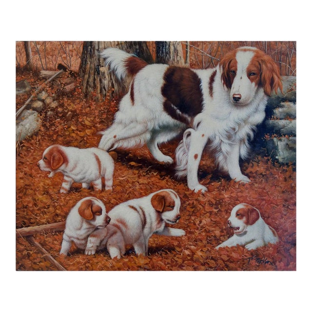 Mid-20th Century Signed T. Parker - Dog With Puppies in Autumn Landscape, Oil on Canvas For Sale